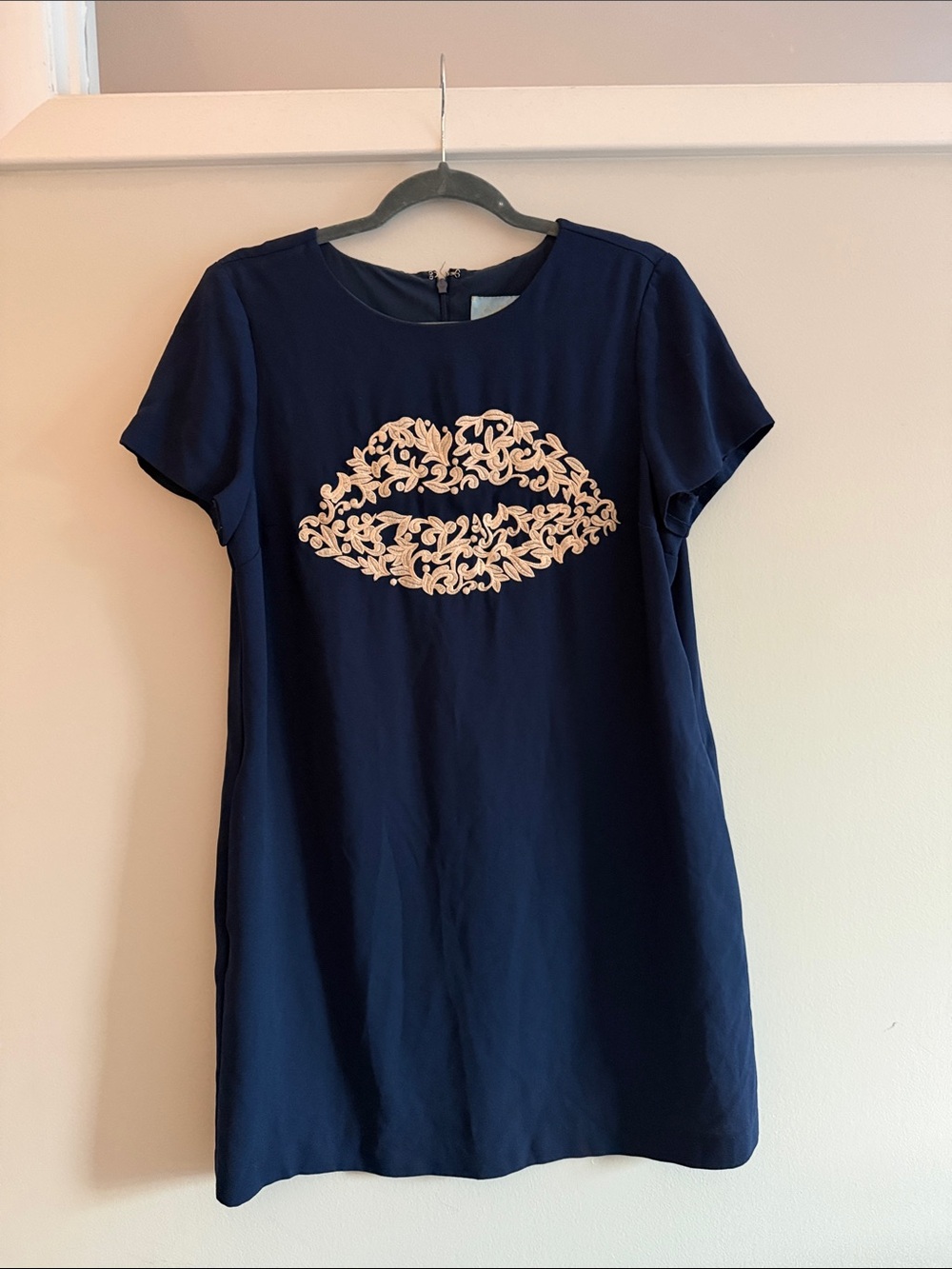 CeCe Navy Mini Dress with Cream Embroidered Lip Motif